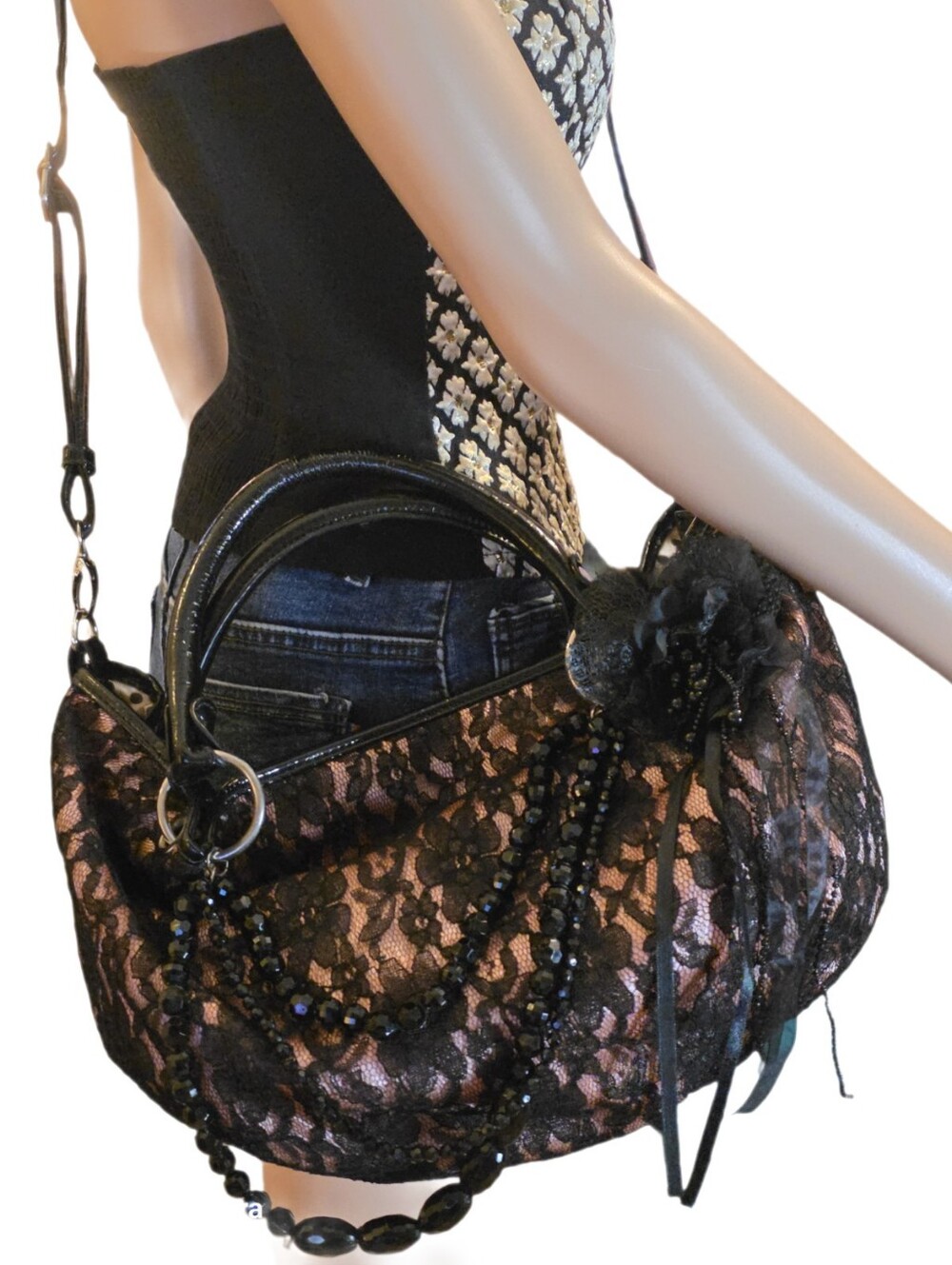 Melie Bianco Black Lace Evening Handbag Pink Satin Beaded Top Handle/Crossbody